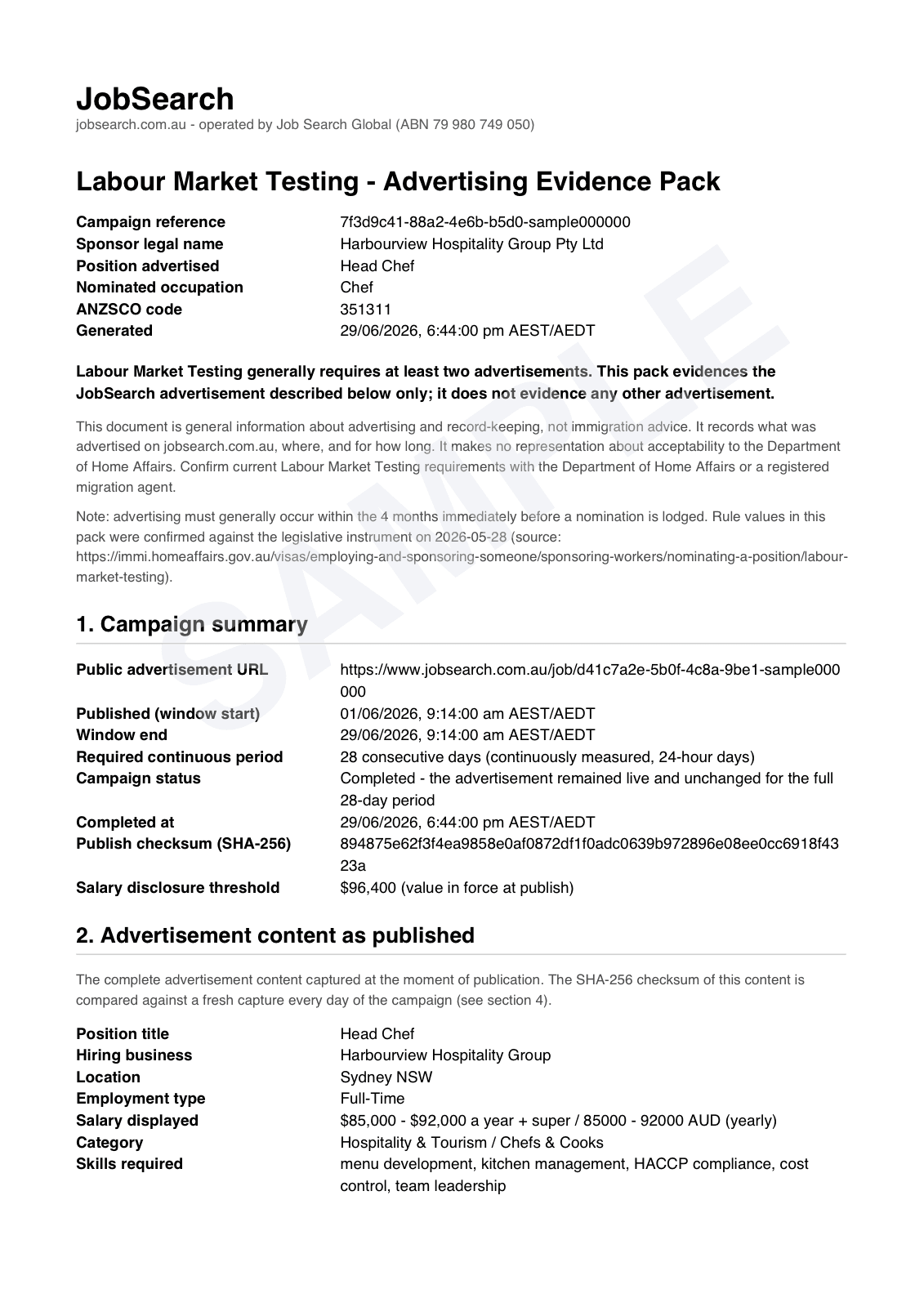 Sample Labour Market Testing evidence pack
